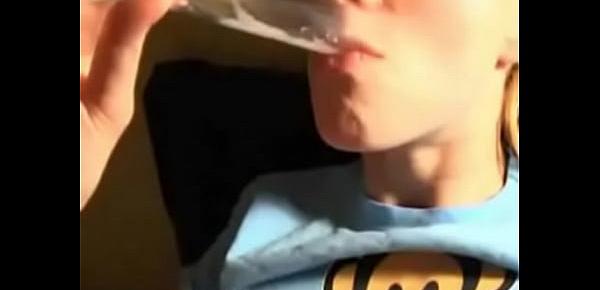  Teen drink cum from glass